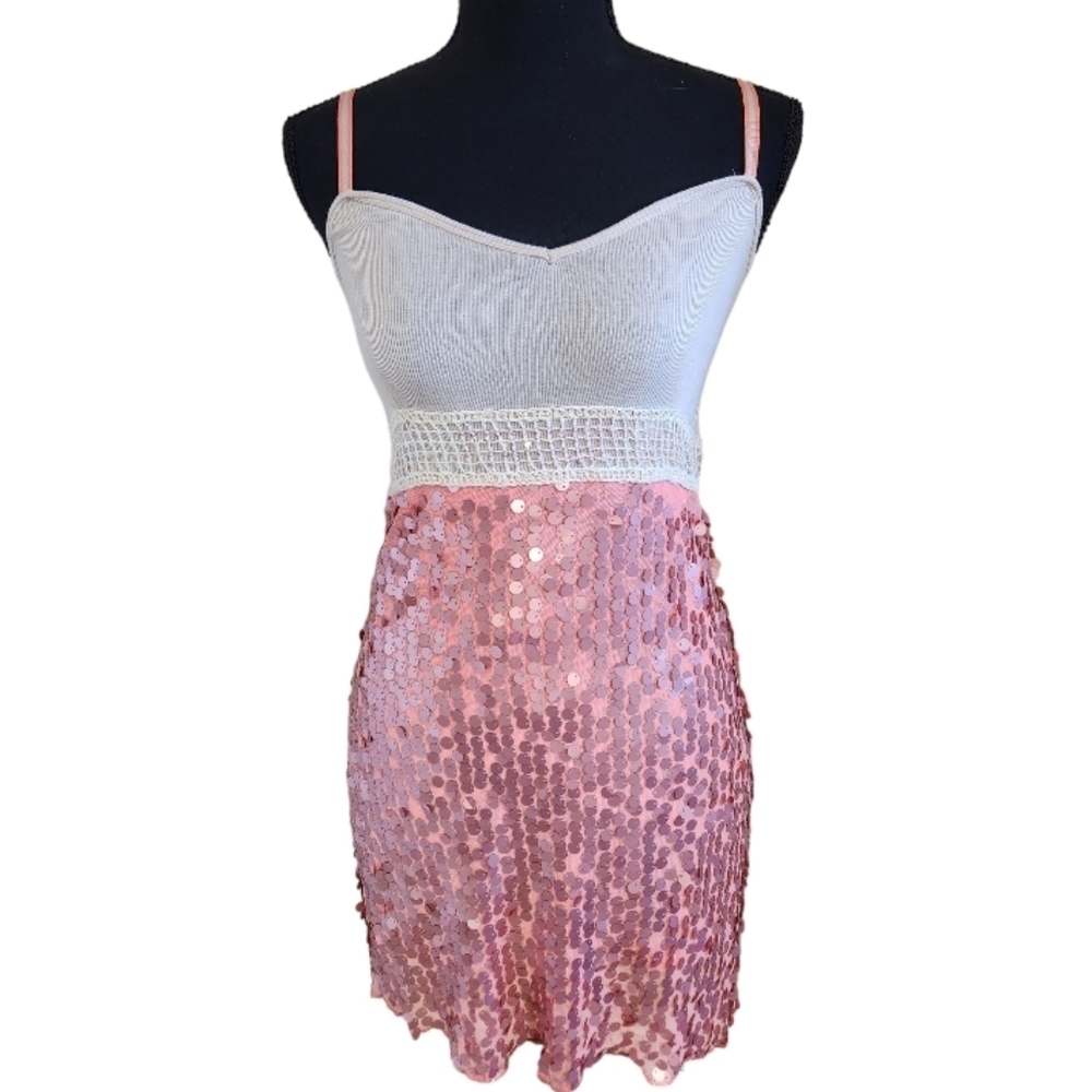 FREE PEOPLE sequin spaghetti strap mini dress pink white cream size 4